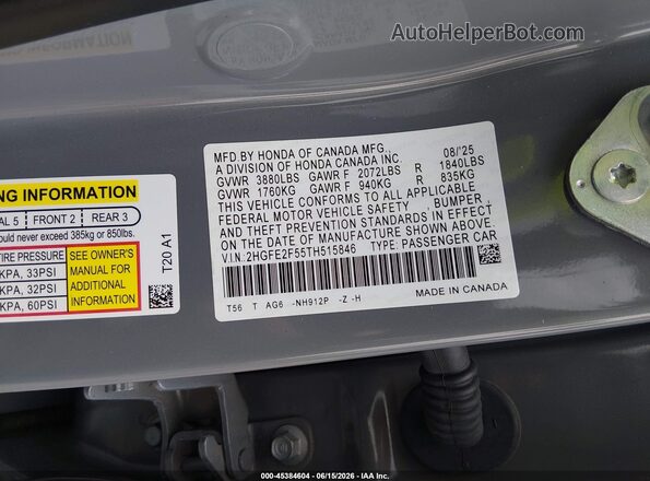 2HGFE2F55TH515846 2026 HONDA CIVIC Gray Вид підкапотного простору