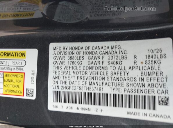 2HGFE2F55TH537491 2026 HONDA CIVIC Gray Вид підкапотного простору