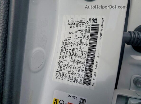 2HGFE2F55TH543632 2026 HONDA CIVIC White VIN կոդի պիտակի տեսք