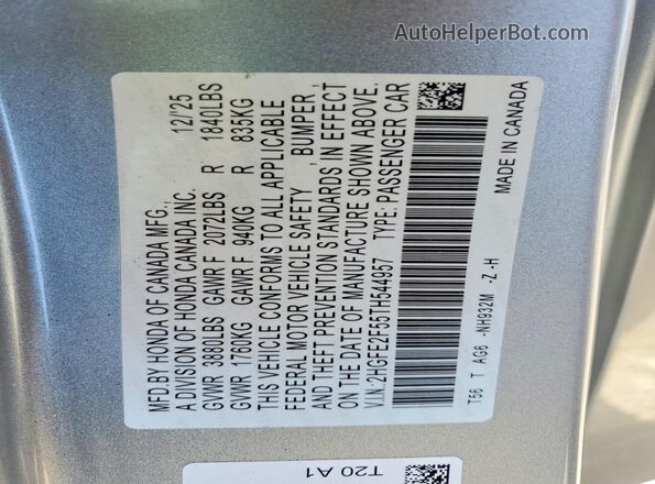 2HGFE2F55TH544957 2026 HONDA CIVIC Серебряный Вид наклейки с VIN-кодом