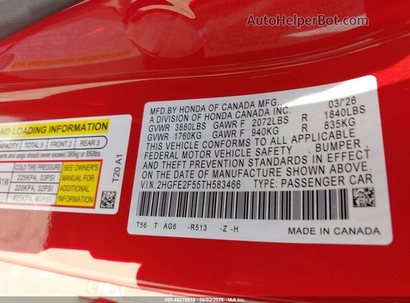 2HGFE2F55TH583466 2026 HONDA CIVIC Red Вид підкапотного простору
