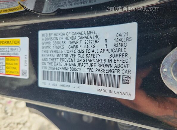 2HGFE2F56NH500520 2022 HONDA CIVIC Black Engine compartment view