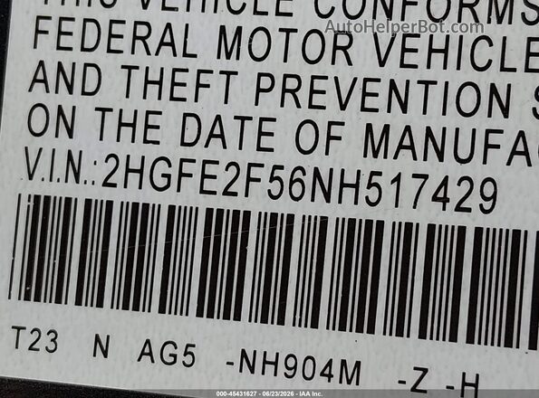 2HGFE2F56NH517429 2022 HONDA CIVIC Gray Vista del compartimento del motor