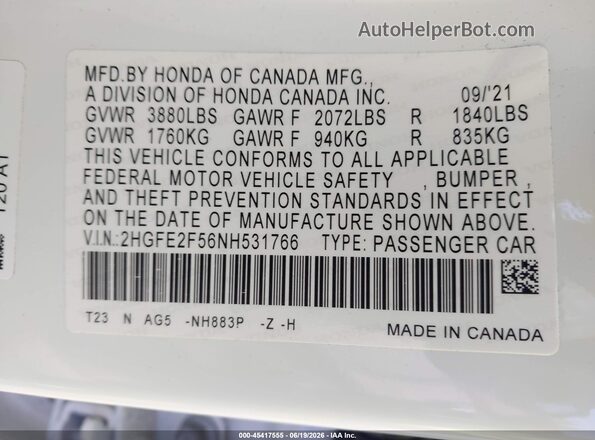 2HGFE2F56NH531766 2022 HONDA CIVIC White Widok komory silnika