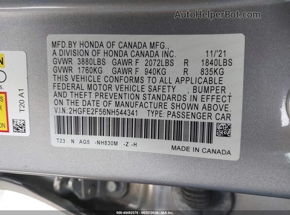 2HGFE2F56NH544341 2022 HONDA CIVIC Silver Widok komory silnika