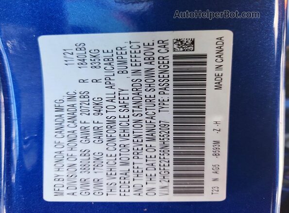 2HGFE2F56NH552097 2022 HONDA CIVIC Blue Engine compartment view