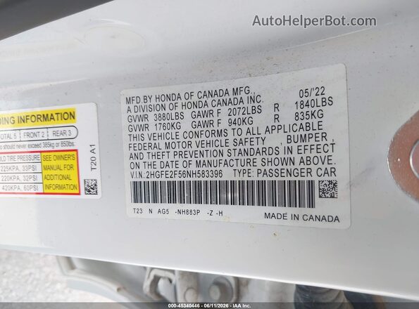 2HGFE2F56NH583396 2022 HONDA CIVIC White Widok komory silnika