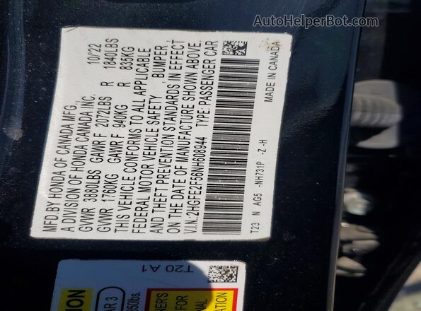 2HGFE2F56NH608944 2022 HONDA CIVIC Black Engine compartment view