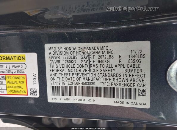 2HGFE2F56PH503839 2023 HONDA CIVIC Gray Շարժիչի բաժամունքի տեսք