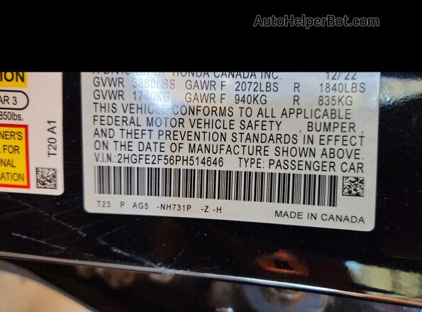 2HGFE2F56PH514646 2023 HONDA CIVIC Black Շարժիչի բաժամունքի տեսք
