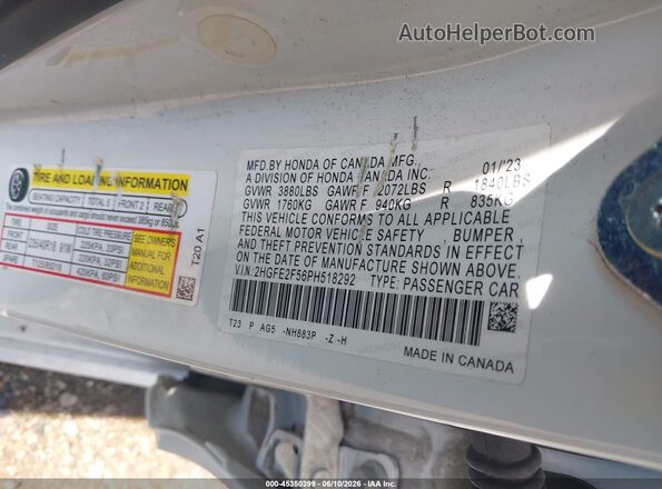 2HGFE2F56PH518292 2023 HONDA CIVIC White Շարժիչի բաժամունքի տեսք