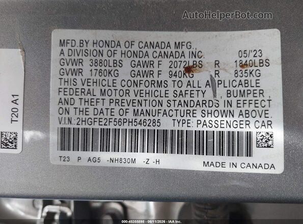 2HGFE2F56PH546285 2023 HONDA CIVIC Silver Вид підкапотного простору