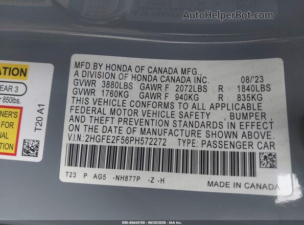 2HGFE2F56PH572272 2023 HONDA CIVIC Gray Widok komory silnika