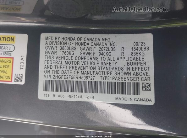2HGFE2F56RH506727 2024 HONDA CIVIC Серый Вид наклейки с VIN-кодом
