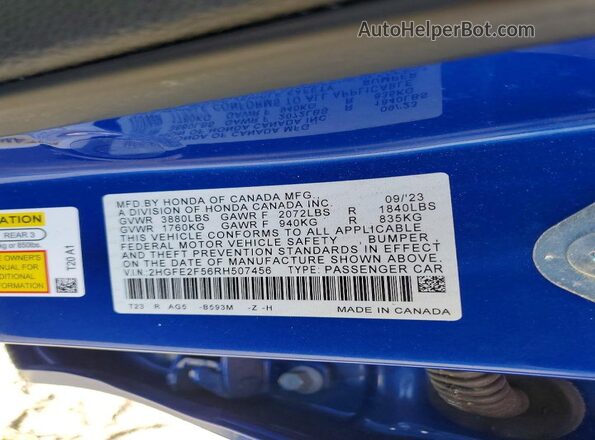 2HGFE2F56RH507456 2024 HONDA CIVIC Синий Вид подкапотного пространства