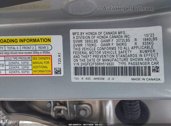 2HGFE2F56RH519820 2024 HONDA CIVIC Silver Вид підкапотного простору