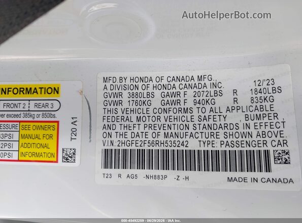 2HGFE2F56RH535242 2024 HONDA CIVIC White ძრავის განყოფილების ხედი