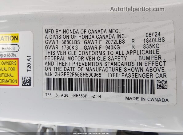 2HGFE2F56SH500965 2025 HONDA CIVIC White ძრავის განყოფილების ხედი