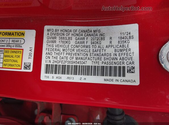 2HGFE2F56SH545047 2025 HONDA CIVIC Red Շարժիչի բաժամունքի տեսք