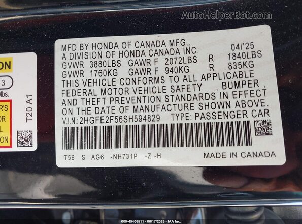 2HGFE2F56SH594829 2025 HONDA CIVIC Black Vista del compartimento del motor