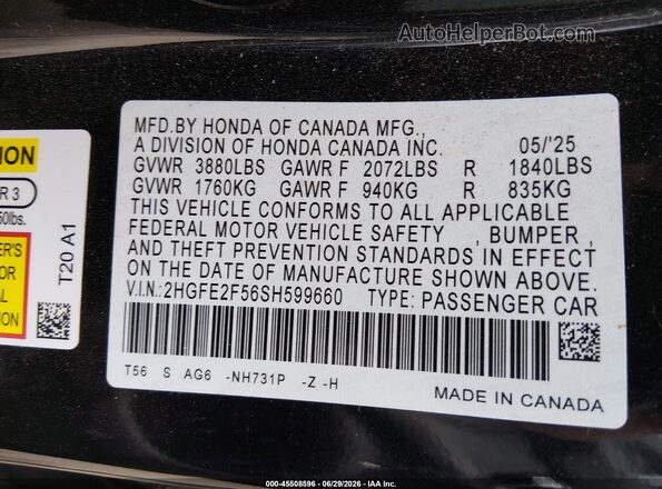2HGFE2F56SH599660 2025 HONDA CIVIC Black Vista del compartimento del motor
