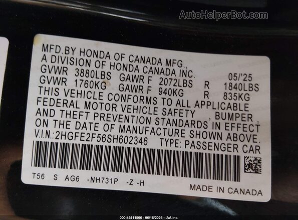 2HGFE2F56SH602346 2025 HONDA CIVIC Black 