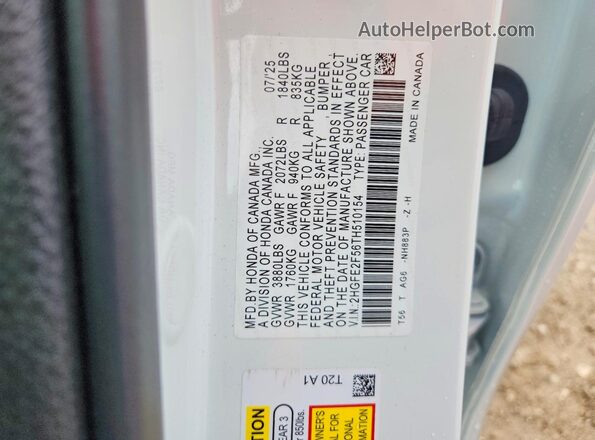 2HGFE2F56TH510154 2026 HONDA CIVIC Белый 