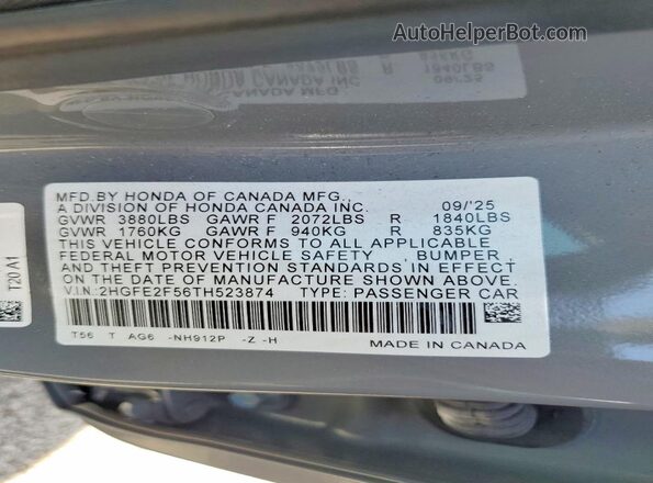 2HGFE2F56TH523874 2026 HONDA CIVIC Gray 