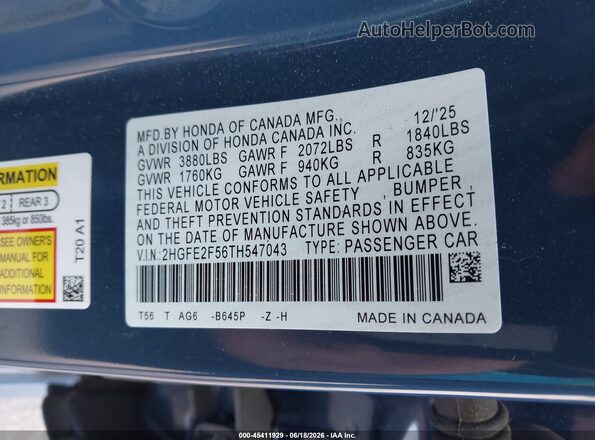 2HGFE2F56TH547043 2026 HONDA CIVIC Blue Vista del compartimento del motor