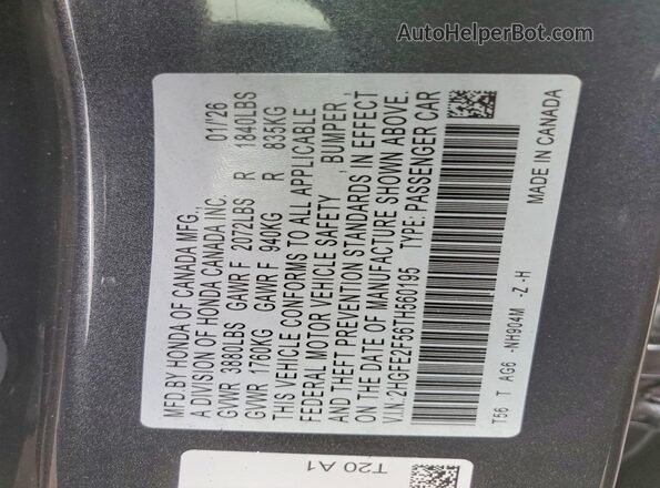 2HGFE2F56TH560195 2026 HONDA CIVIC Charcoal Вид наклейки з VIN-кодом