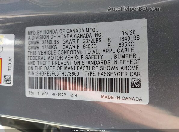 2HGFE2F56TH573660 2026 HONDA CIVIC Gray Engine compartment view