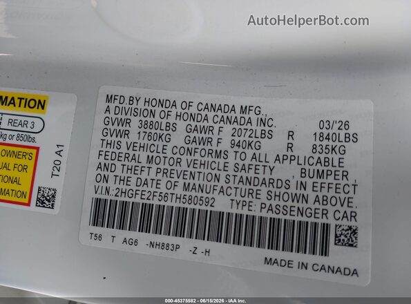 2HGFE2F56TH580592 2026 HONDA CIVIC White Вид підкапотного простору