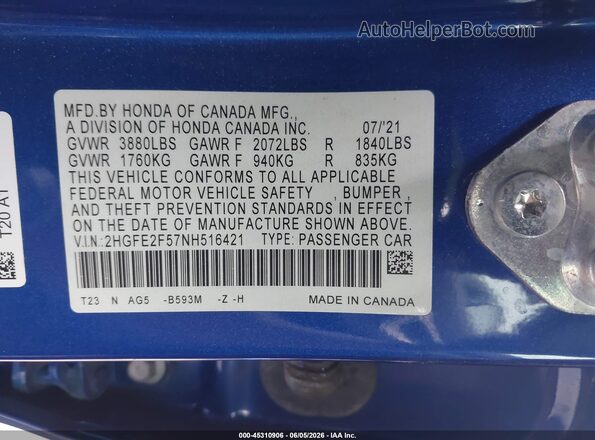 2HGFE2F57NH516421 2022 HONDA CIVIC Blue Widok komory silnika