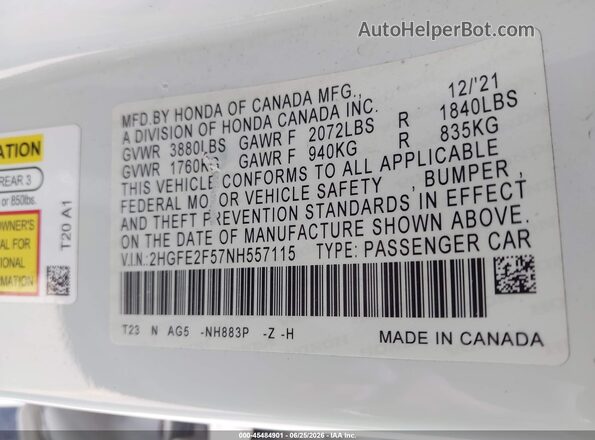 2HGFE2F57NH557115 2022 HONDA CIVIC White Engine compartment view