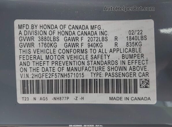 2HGFE2F57NH571015 2022 HONDA CIVIC Gray Շարժիչի բաժամունքի տեսք