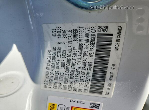 2HGFE2F57NH575498 2022 HONDA CIVIC White Engine compartment view