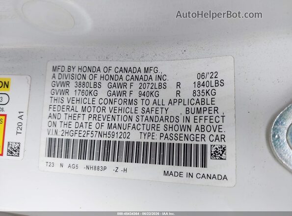 2HGFE2F57NH591202 2022 HONDA CIVIC White Widok komory silnika
