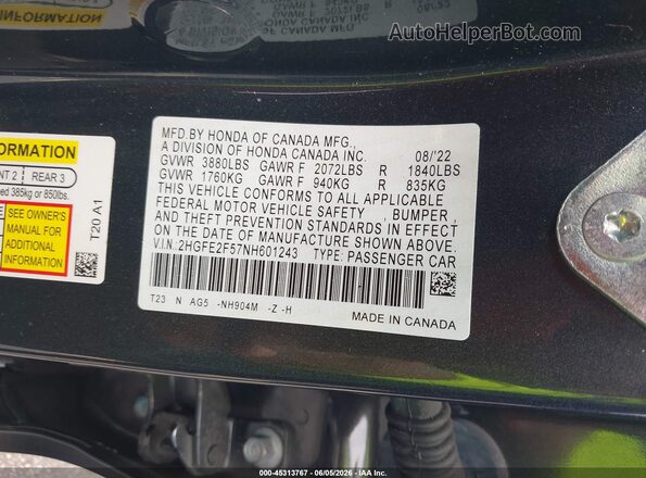 2HGFE2F57NH601243 2022 HONDA CIVIC Серый Вид подкапотного пространства