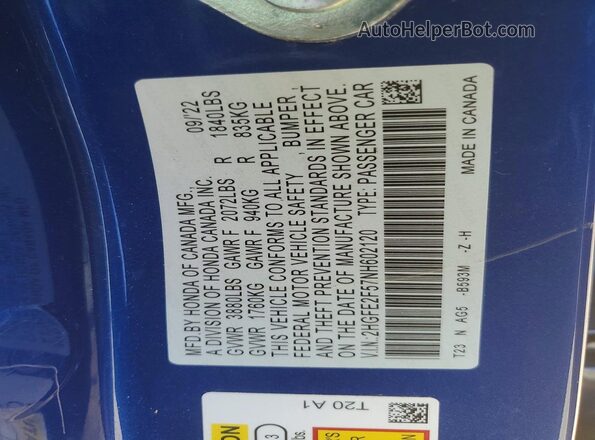 2HGFE2F57NH602120 2022 HONDA CIVIC Blue 