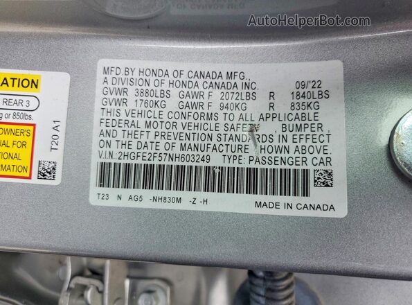 2HGFE2F57NH603249 2022 HONDA CIVIC Silver ძრავის განყოფილების ხედი