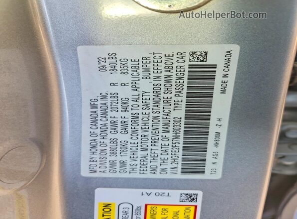 2HGFE2F57NH603302 2022 HONDA CIVIC Серебряный Вид подкапотного пространства