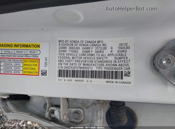 2HGFE2F57NH605213 2022 HONDA CIVIC White Вид підкапотного простору