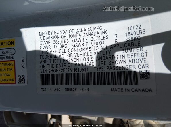2HGFE2F57NH610511 2022 HONDA CIVIC White Շարժիչի բաժամունքի տեսք