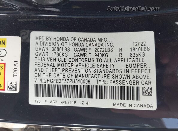2HGFE2F57PH516096 2023 HONDA CIVIC Black Շարժիչի բաժամունքի տեսք