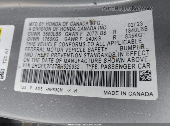 2HGFE2F57PH525932 2023 HONDA CIVIC Gray ძრავის განყოფილების ხედი