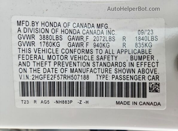 2HGFE2F57RH507188 2024 HONDA CIVIC White VIN sticker view
