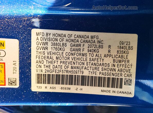 2HGFE2F57RH509779 2024 HONDA CIVIC Синий Вид подкапотного пространства