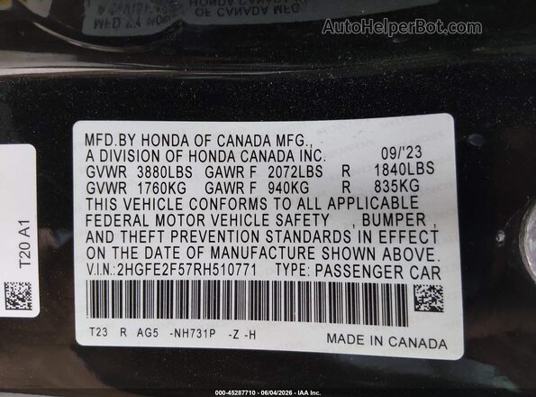 2HGFE2F57RH510771 2024 HONDA CIVIC Black Շարժիչի բաժամունքի տեսք