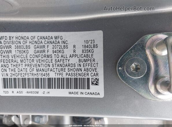 2HGFE2F57RH516456 2024 HONDA CIVIC Gray Vista del compartimento del motor