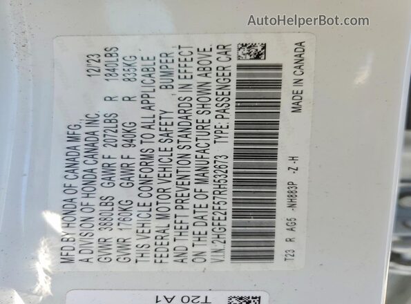 2HGFE2F57RH532673 2024 HONDA CIVIC White Вид підкапотного простору